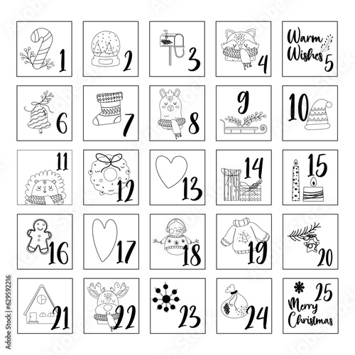 Hand drawn outline festive christmas advent calendar