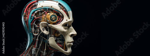 Portrait photo of incomplete humanoid android with internal parts. Conceptual of futuristic bionics and artificial intelligence. Generative Ai content.