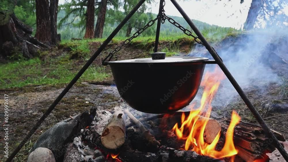 Tourists prepare lunch in a camping pot on a campfire. Cooking in the forest on the banks of a mountain river outdoors. Travel camp, campfire site. High quality FullHD footage Tourists prepare lunch in a camping pot on a campfire. Cooking in the forest on the banks of a mountain river outdoors. Travel camp, campfire site. High quality FullHD footage