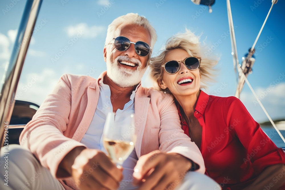 Senior couple holding champagne on sailboat vacation, Happy parents having fun celebrating wedding anniversary on boat trip