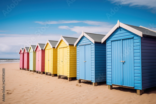Vibrant beach huts form a picturesque row, their backdrop adorned by a clear blue sky. © maniacvector