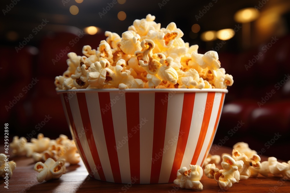 Popcorn in striped bowl on dark background. Generative AI Popcorn in striped bowl on dark background. Generative AI
