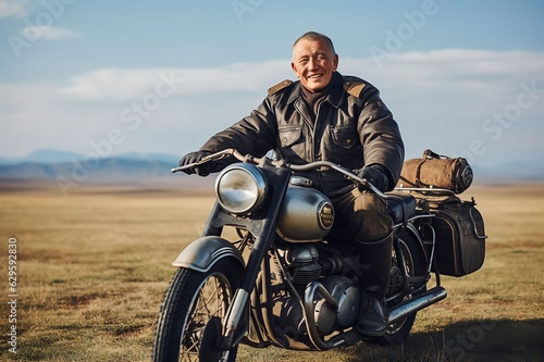 Senior men in brown leather jackets are riding motorbikes across village and mountain roads