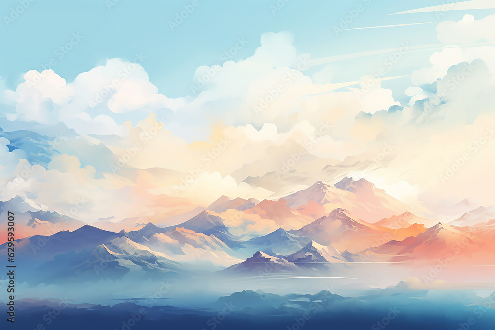 Obraz premium Digital painting of beautiful mountain range with clouds on sky, Generative AI