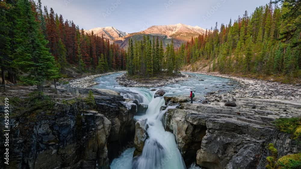 Scenery of Sunwapta Falls and river flowing in autumn pine forest on the sunset at Jasper national park Scenery of Sunwapta Falls and river flowing in autumn pine forest on the sunset at Jasper national park