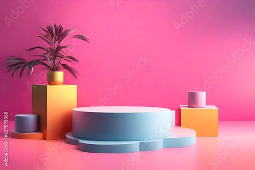 Abstract minimal concept. Modern vibrant colour podium stage platform cube square display on background room. Mock up template for product presentation. 3D rendering. copy text space 