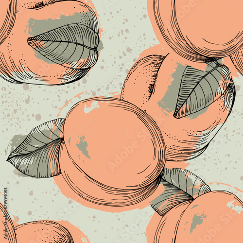 Seamless peach pattern with tropic fruits, leaves, flowers background. Vector illustration for summer cover, tropical wallpaper, vintage texture, backdrop, wedding invitation