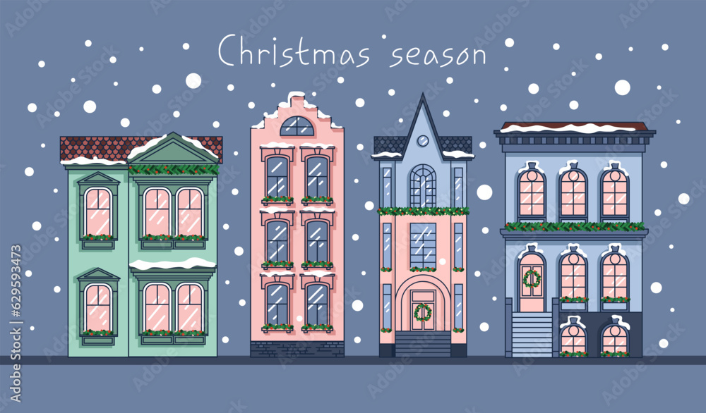 Christmas houses. Winter Dutch buildings. Cute New Year greeting card. Vector.