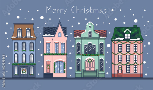 Christmas houses. Winter Dutch buildings. Cute New Year greeting card. Vector.