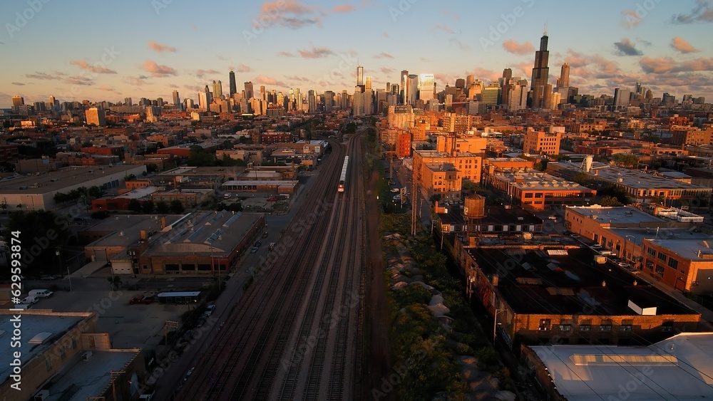 Fototapeta premium Chicago Metra Train in Fulton Market Drone Shot