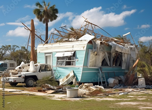The aftermath of Hurricane Ian in Florida's residential area shows badly damaged mobile homes. Illustrating the consequences of a natural disaster.