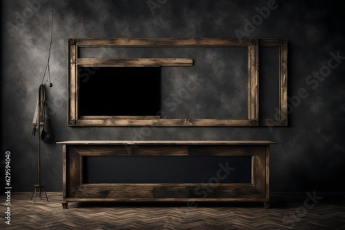 Creative interior concept. Dark large rustic grunge empty wall living room with blank television TV cabinet frame furniture deco. Banner template for product presentation. Mock up 3D rendering