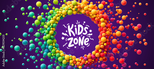 Circle banner with colorful rainbow balls in different sizes for kids theme or celebration. Abstract composition with multicolored flying spheres with empty place for your text. Vector illustration