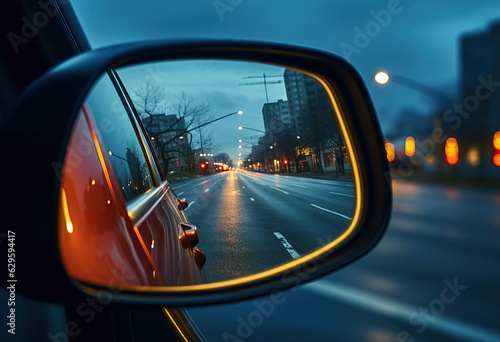 Experience the brilliance of a luxury car's illuminated blind spot warning in the mirror up close. © maniacvector