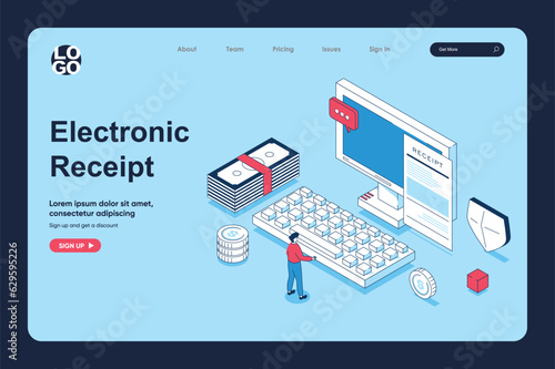 Electronic receipt concept in 3d isometric design for landing page template. People paying digital form of invoice or check, processing tax pay using online banking. Vector illustration for web