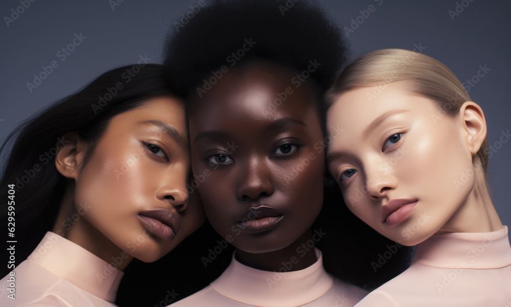 Fototapeta premium Three young women posing for the camera in a skincare advertising campaign. Generative AI.