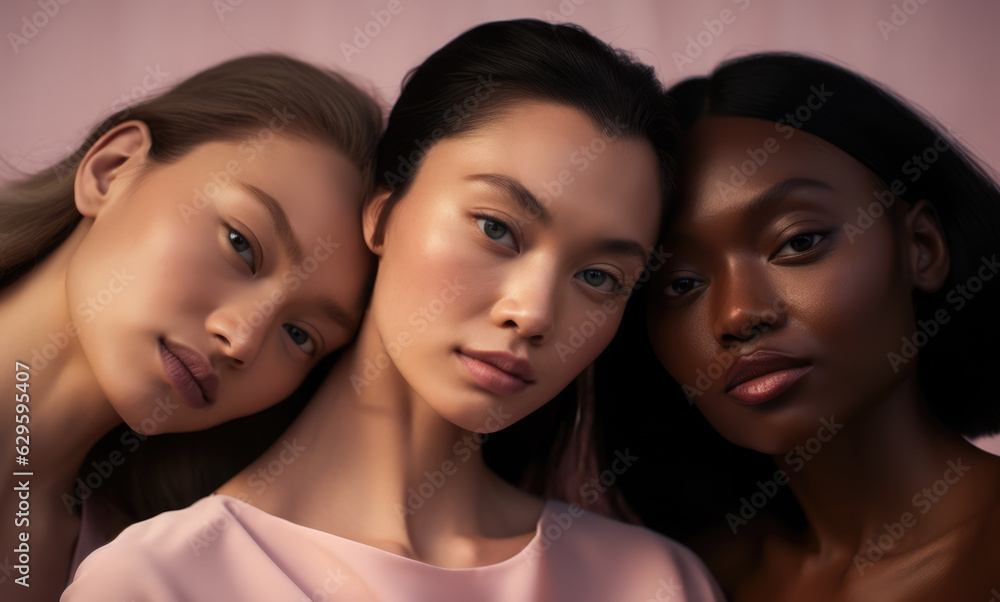 Three young women posing for the camera in a skincare advertising campaign. Generative AI. Three young women posing for the camera in a skincare advertising campaign. Generative AI.