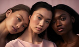 Three young women posing for the camera in a skincare advertising campaign. Generative AI.