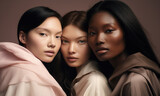 Three young women posing for the camera in a skincare advertising campaign. Generative AI.