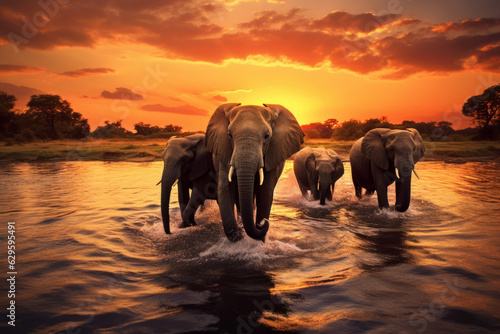Elephant herd crossing river at sunset