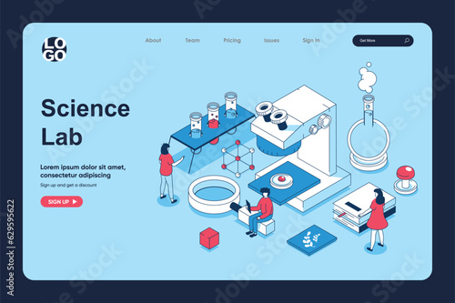 Science laboratory concept in 3d isometric design for landing page template. People making researches on microscope, doing chemicals tests in flasks and tubes in lab. Vector illustration for web