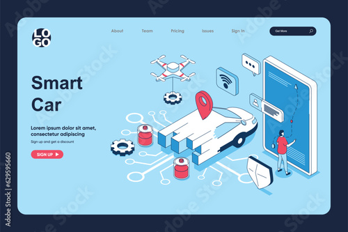 Smart car concept in 3d isometric design for landing page template. People using autonomous automobile service with online navigation map, managing car st smartphone app. Vector illustration for web