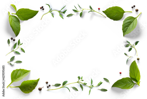 frame border Fresh green organic basil leaves, thyme and peper isolated on white background. Transparent background and natural transparent shadow; Ingredient cooking. collection for design