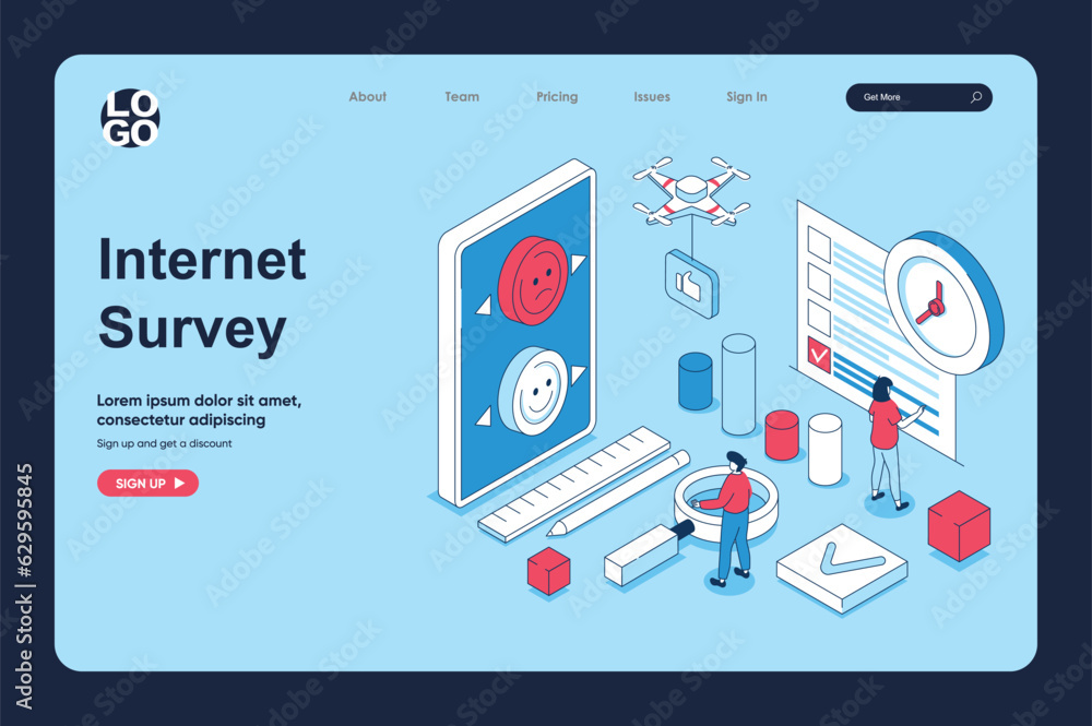 Internet survey concept in 3d isometric design for landing page template. People answering and giving client feedback in questionnaire form, marking in checkbox list. Vector illustration for web Internet survey concept in 3d isometric design for landing page template. People answering and giving client feedback in questionnaire form, marking in checkbox list. Vector illustration for web
