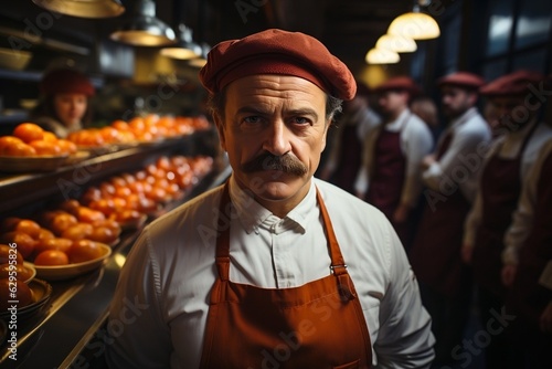 Italian chef with a mustache in a market looking at the camera