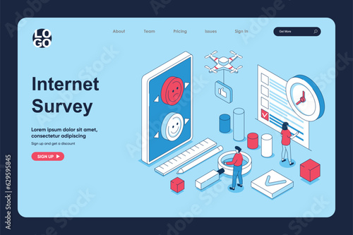 Internet survey concept in 3d isometric design for landing page template. People answering and giving client feedback in questionnaire form, marking in checkbox list. Vector illustration for web