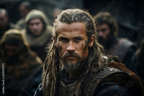 portrait of viking warrior looking at camera photo