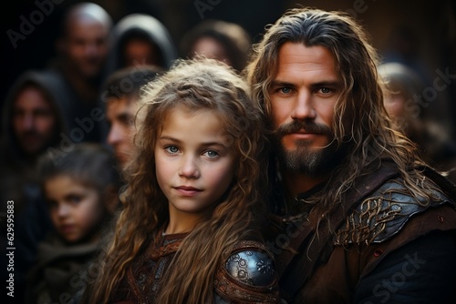 Viking father and daughter look at camera in vintage portrait