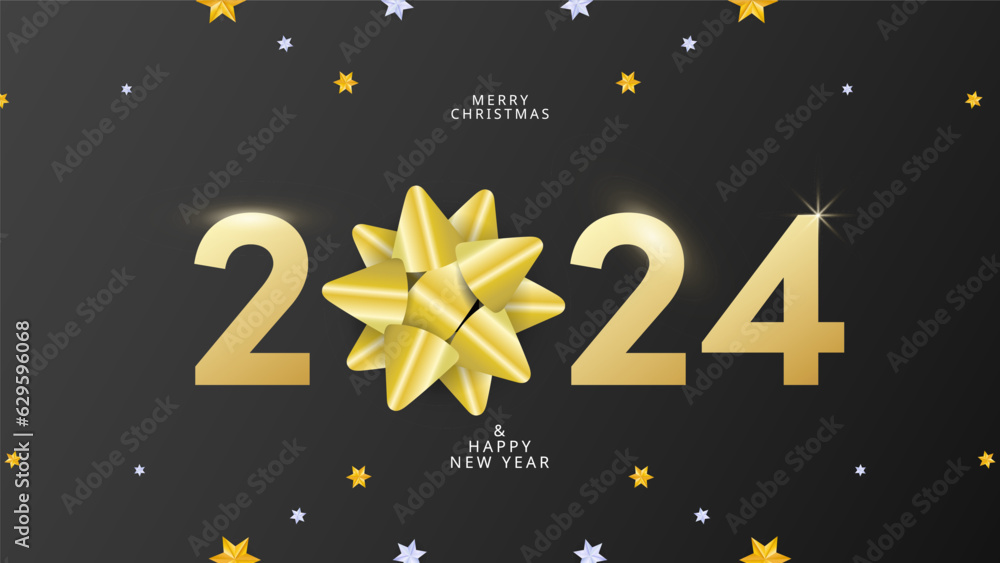 Fototapeta premium Happy new year 2024, Christmas and new year vector illustration on black background with pine branches, Number design template, Vector illustration EPS 10