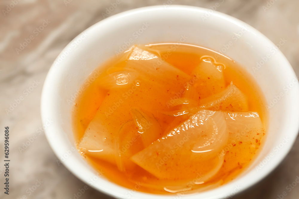 Radish soup, which Koreans enjoy eating, is made using anchovy meat broth and radish and red pepper powder. Radish soup, which Koreans enjoy eating, is made using anchovy meat broth and radish and red pepper powder.