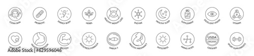 Vitamin and supplement line icon set. Natural probiotic, protein sign for packaging. Organic, bio, vegan food label. Healthy product. Detox diet badges. Nutrition sign. Clean skin. Vector illustration