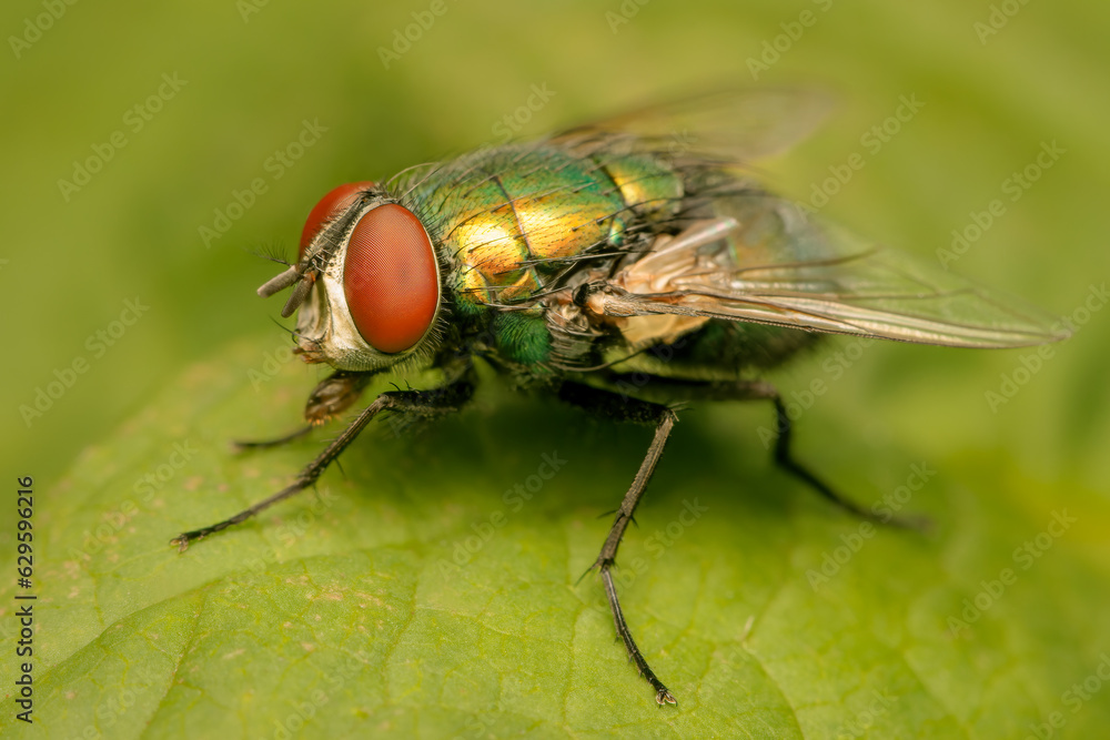 Close up on a Sarcophagidae fly resting on a green leaf with blurred background and copy space Close up on a Sarcophagidae fly resting on a green leaf with blurred background and copy space