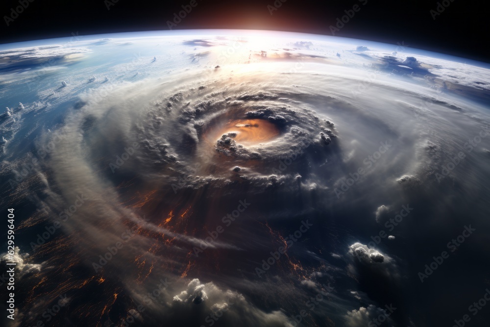 A dramatic aerial view of a hurricane swirling over the ocean, showing the massive storm system as it approaches a coastline, portraying the potential devastation it may bring. Generative AI
