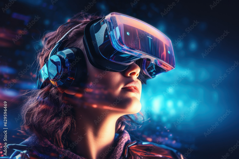 Person using vr glasses and technology future background. Generative ai. Person using vr glasses and technology future background. Generative ai.