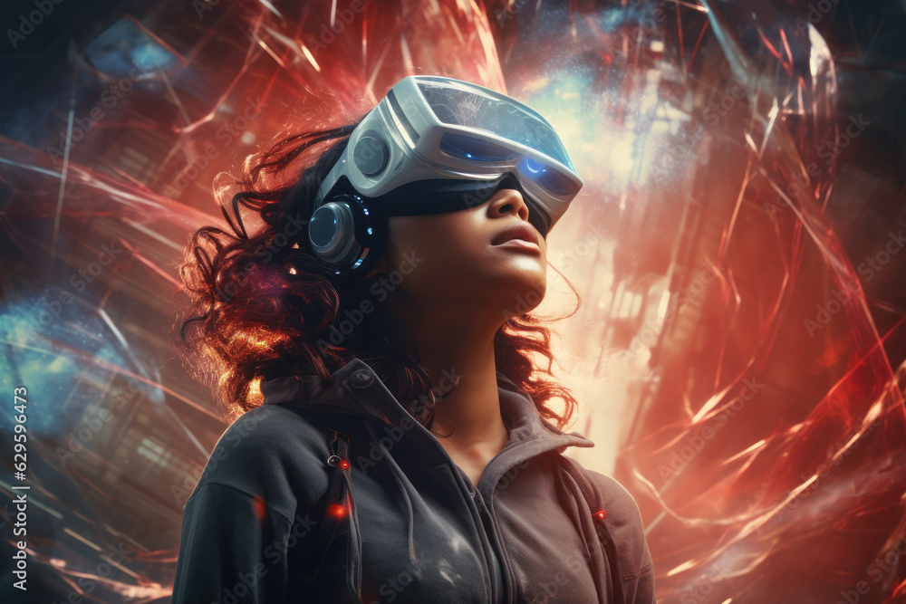 Person using vr glasses and technology future background. Generative ai. Person using vr glasses and technology future background. Generative ai.