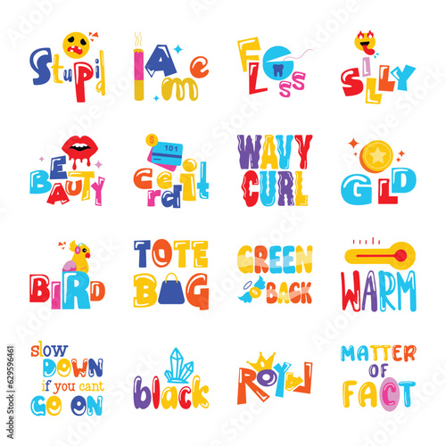 Bundle of Typography Letters Flat Stickers 

