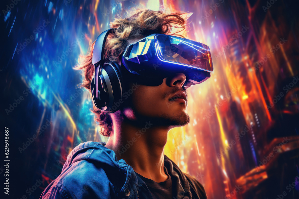 Person using vr glasses and technology future background. Generative ai. Person using vr glasses and technology future background. Generative ai.