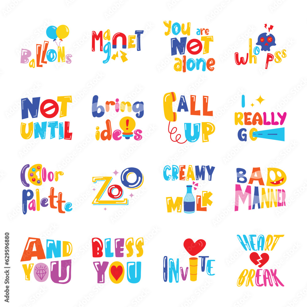 Trendy Bundle of Daily Life Words Flat Stickers 

