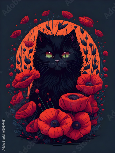black cat with red poppies