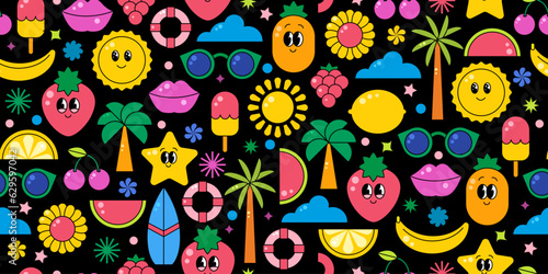 Summer cartoon seamless pattern in vibrant bright colors. Beach, holiday, travel, vacation icons, stickers. Cute retro style. Repeat design for textile, fabric, wallpaper.