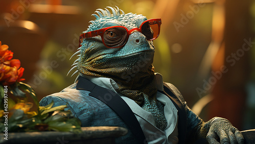Iguana wearing a suit chiling in the rainforest. Funny animal picture. Reptile. AI art.