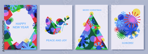 Merry Christmas and Happy New Year greeting cards, posters, holiday covers. Holiday greetings, Christmas tree, pigeon, snowflakes. Abstract colorful  geometric art.
