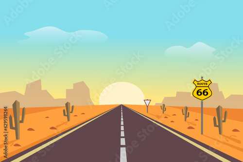 Road in the desert. Vector illustration of desert landscape with asphalt highway, hills, mountains, rock, traffic signs, and cactus in cartoon style.