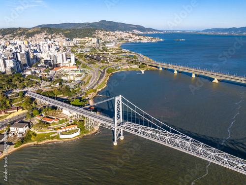 Florianopolis in Santa Catarina. Hercilio Luz Bridge. Aerial image.