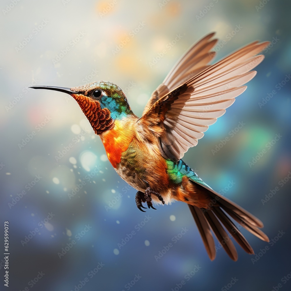 Obraz premium Hummingbird in flight with colorful bokeh background.