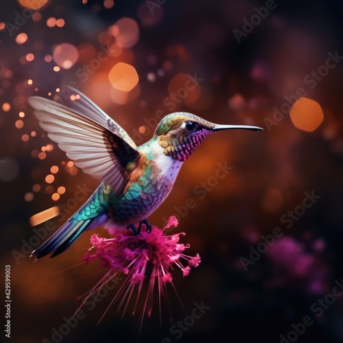 Hummingbird in flight with beautiful flowers in the background. Digital painting stile © TheoTheWizard